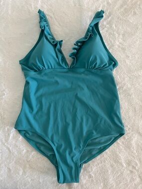 Serra Teal Ruffled V-Neck One-Piece Swimsuit SZ L  NWOT